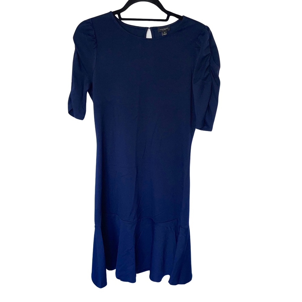 Ann Taylor Factory Women's  Peplum Hem Navy Blue Stretch Ruched Sleeve Dress NWT